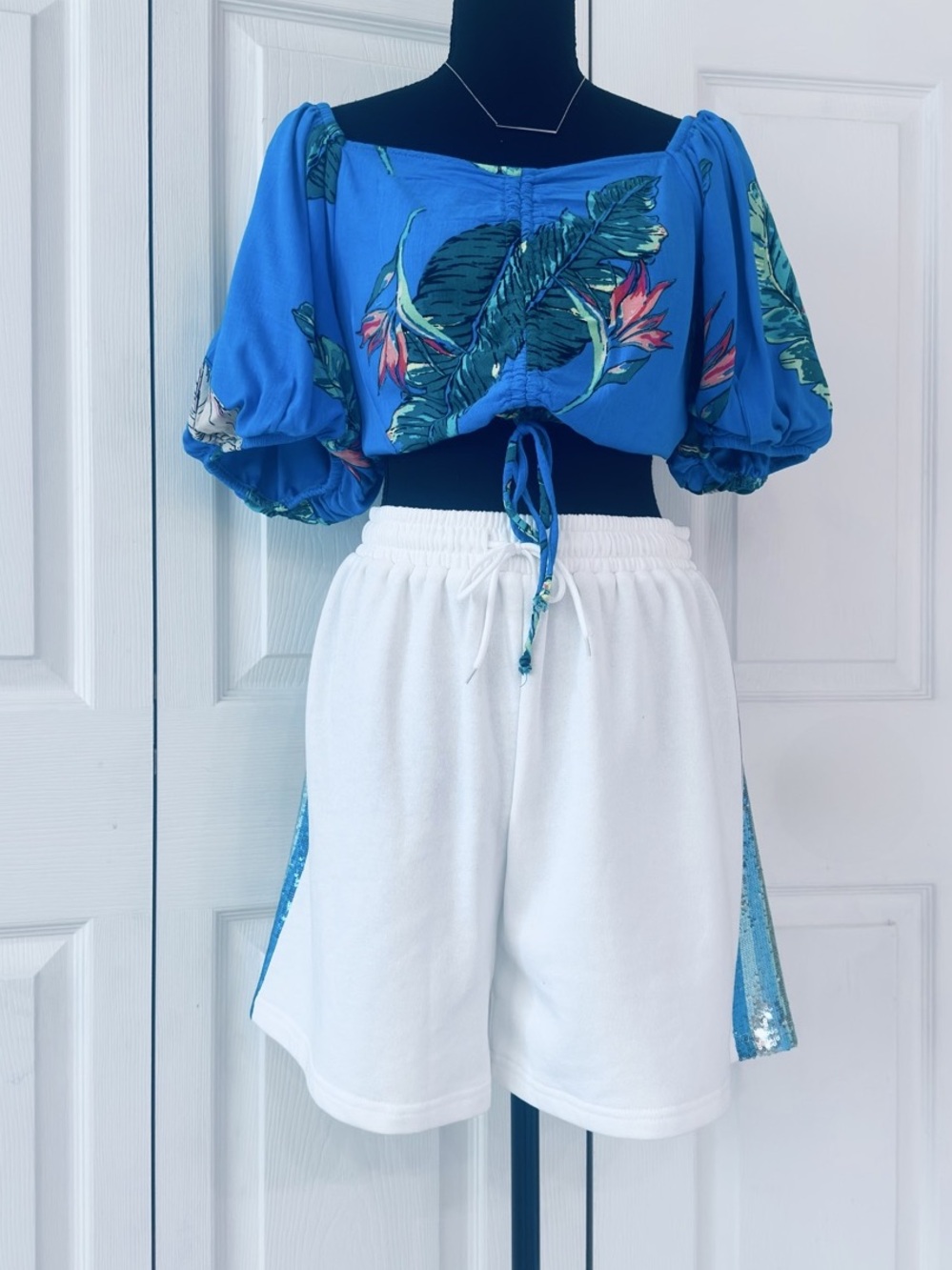 CELESTIAL BLUE ~ True White Cotton Blend Long Shorts w/Blue Sequined Stripes